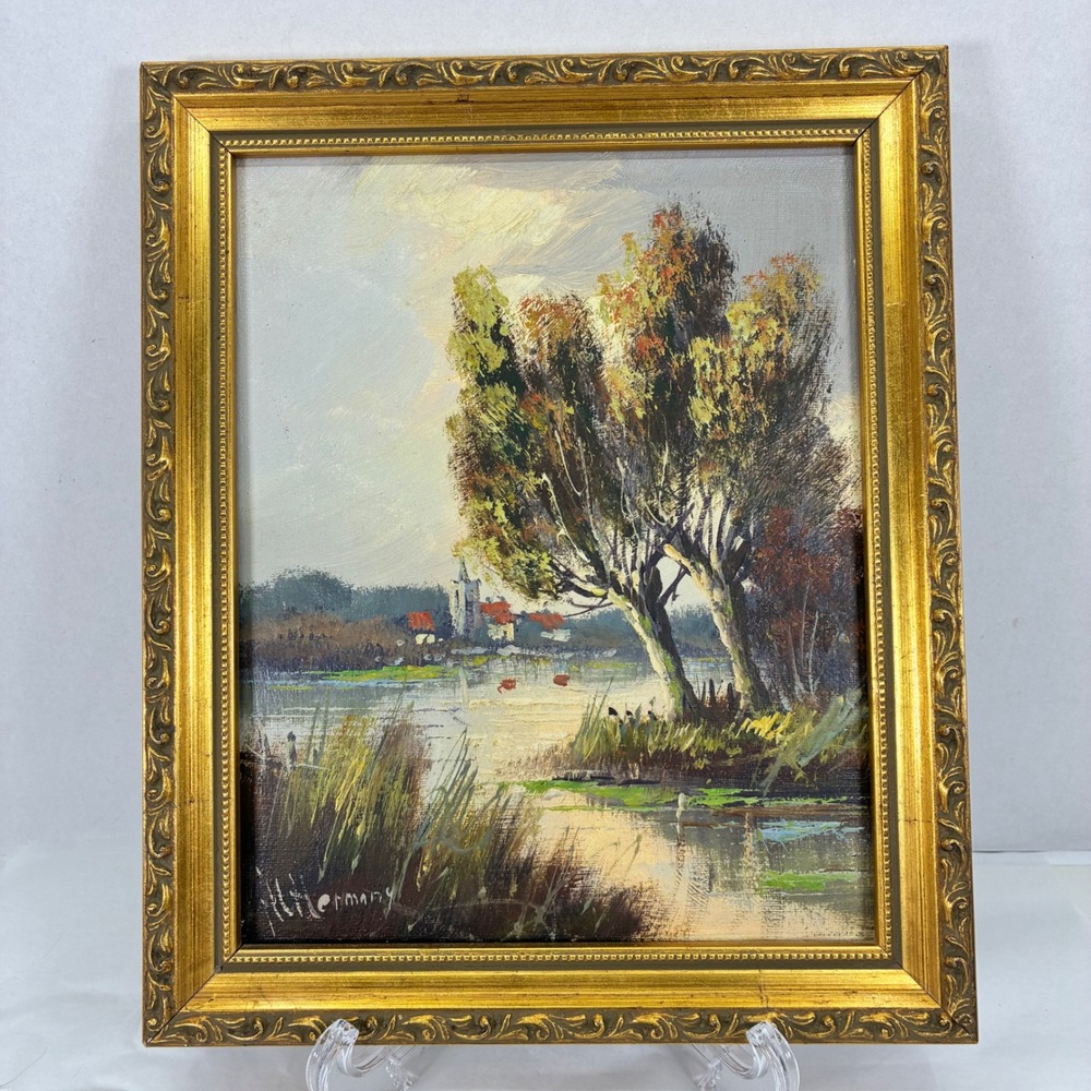 H Hermany Original Oil Painting River Landscape House of Rubens Gold Frame 10x12